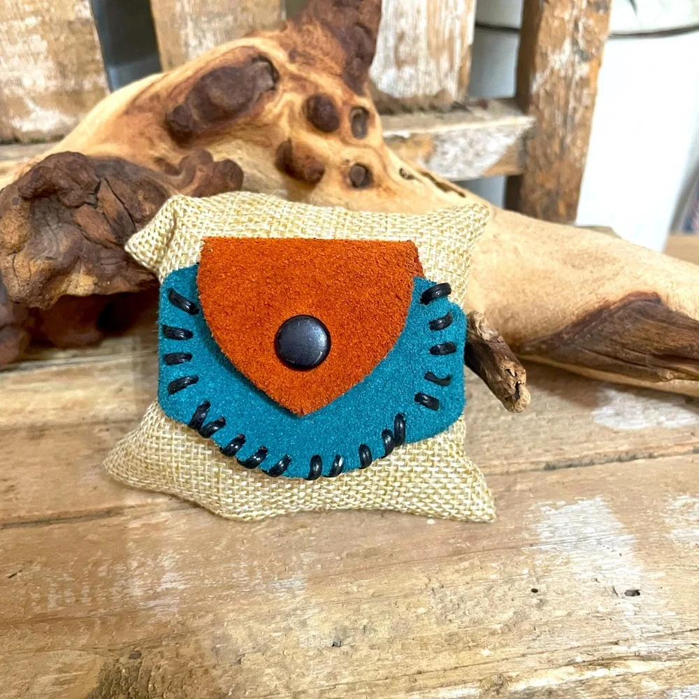Genuine Leather Suede Blue & Brown Pouch Wrist Bracelet NEW